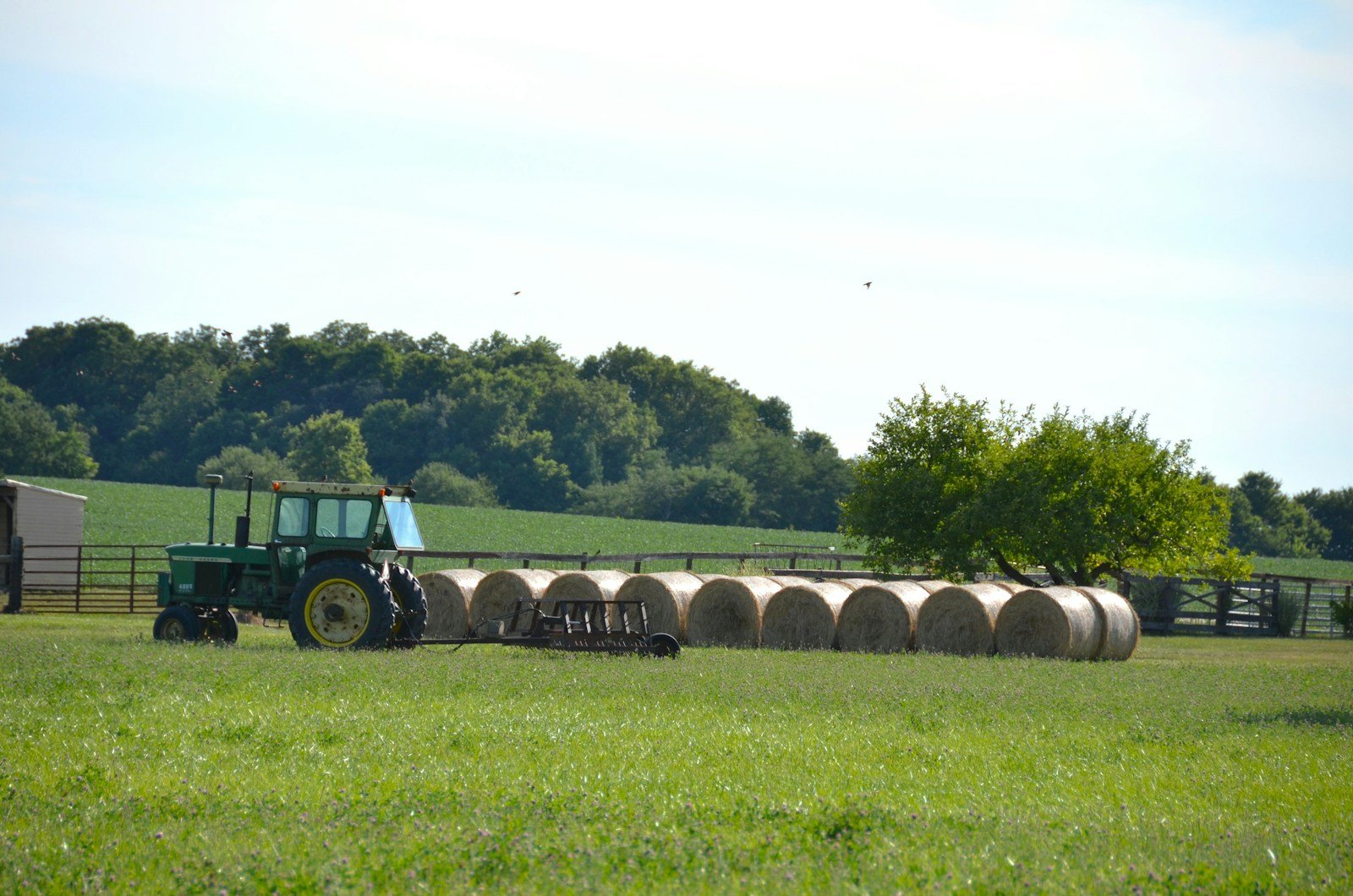 A tractor in a field with hay bales